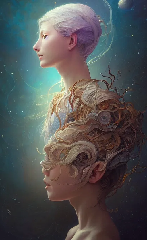 Image similar to portrait of a girl with the universe inside her head, filaments, surreal, intricate, headshot, highly detailed, digital painting, artstation, concept art, sharp focus, cinematic lighting, illustration, art by artgerm and greg rutkowski, alphonse mucha, cgsociety, science fiction