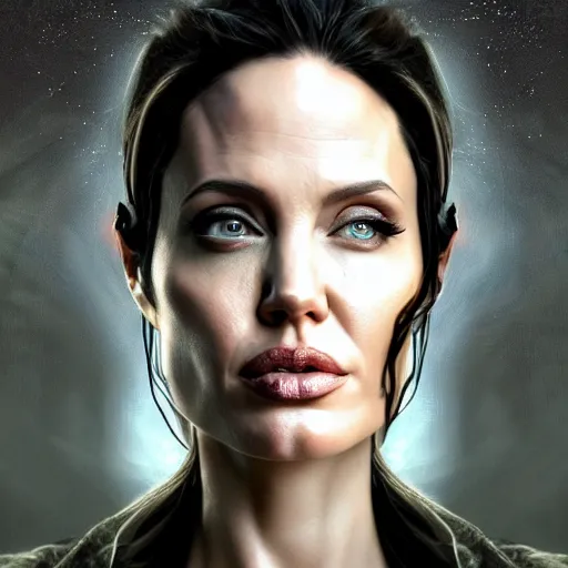 Image similar to Very very very very highly detailed epic central composition photo of Angelina Jolie face, intricate, dystopian, sci-fi, extremely detailed, digital painting, smooth, sharp focus, illustration, intimidating lighting, incredible art by Brooke Shaden, artstation, concept art, Octane render in Maya and Houdini