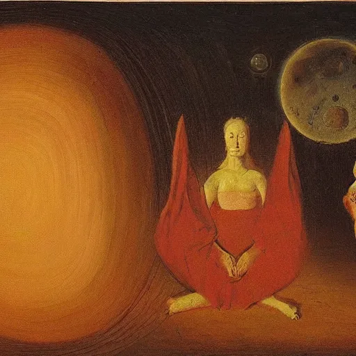 Image similar to traditional sami art by alberto burri, by j. m. w. turner apocalyptic, tired. the digital art shows venus seated on a crescent moon. she is surrounded by the goddesses ceres & bacchus, who are both holding cornucopias.