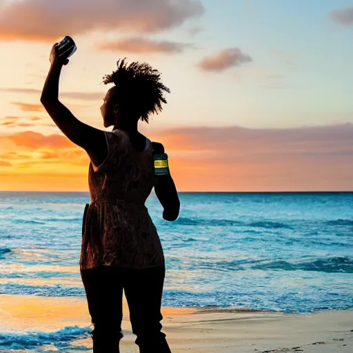 Image similar to a lightskin black woman photographer, taking photos at the beach, during sunset, with a bottle of liquor in her left hand, as a painting