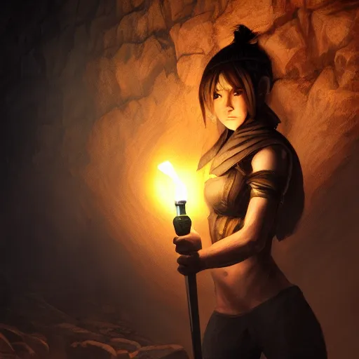 Image similar to a epic hero adventurer holding a torch in a dark cave, artgerm, realistic, cryengine, symmetric