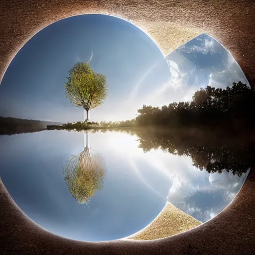 Prompt: Extremely detailed photo-realistic reflections of A Beautiful organic super structure emerging from crepuscular rays by erik johansson