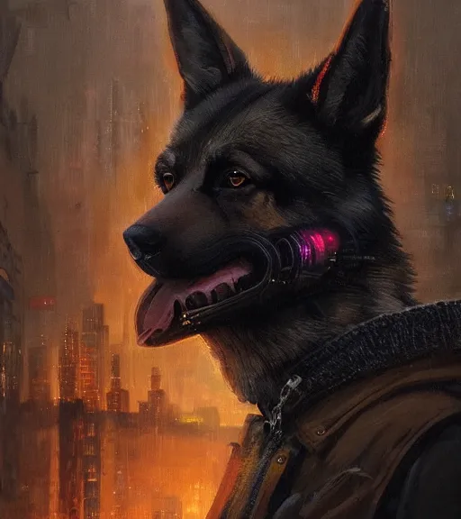 Image similar to new york city portrait of furry anthro anthropomorphic german shepard head animal person fursona wearing clothes strange cybernetic muzzle gloomy rainy cyberpunk digital art by Greg Rutkowski, Simon Stalenhag, christopher nolan trending on Artstation, CGSociety