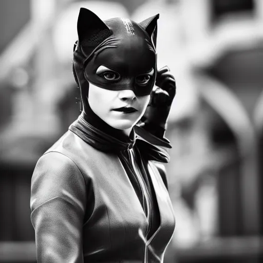 Image similar to Emma Watson as Catwoman, Fujifilm X-T3, 1/1250s at f/2.8, ISO 160, 84mm, 8K, RAW, symmetrical balance, Dolby Vision, HDR, Luminar AI