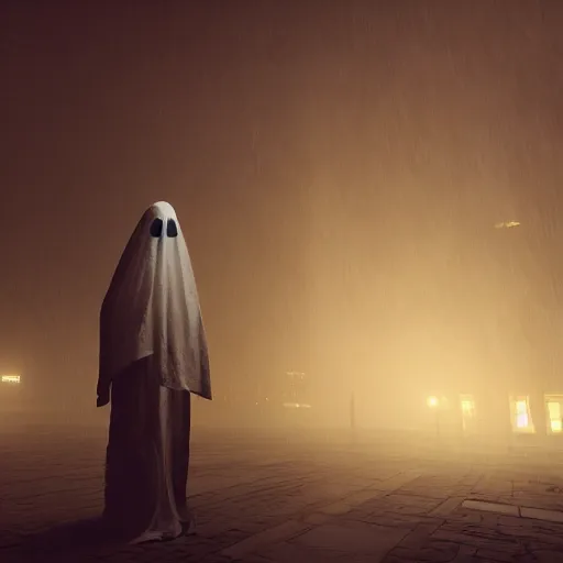 Image similar to digital portrait of ghost under a sheet, floating over a city sidewalk, city night lights, spooky Halloween fun, trending on artstation, 8k, 4k, volumetric lighting, unity