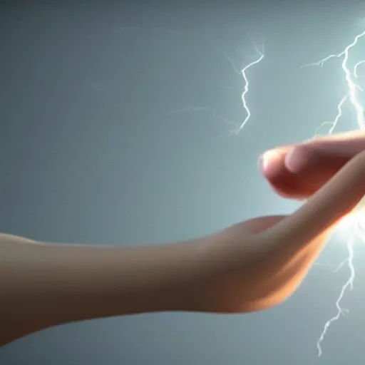 Image similar to hyper realistic lightning storm in a beautiful girl's hand. higly detailed, complex, unreal engine 5.