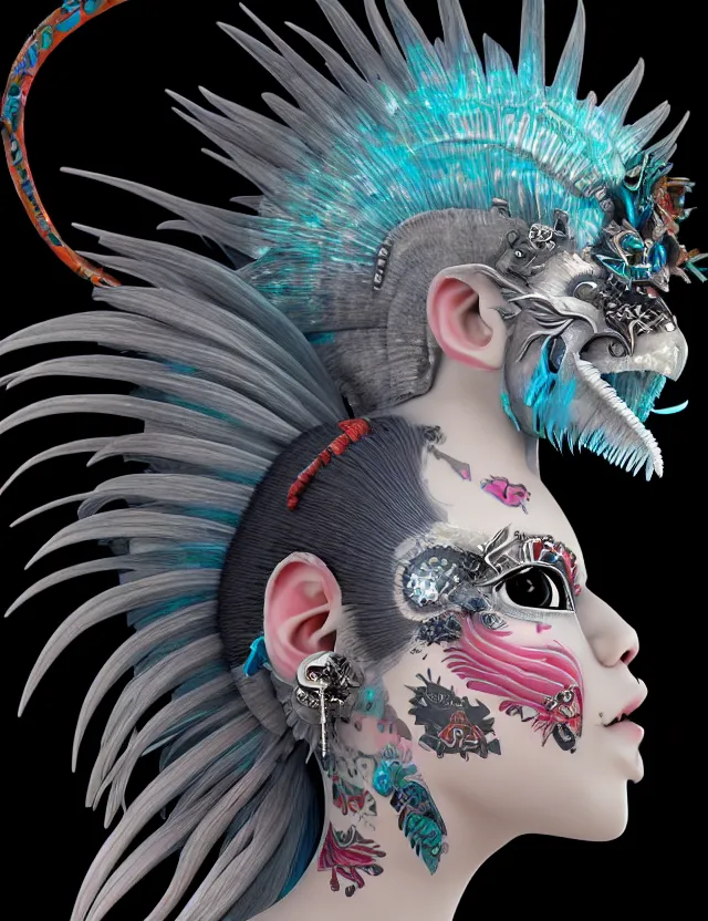 Image similar to 3 d goddess close - up profile simple portrait punk with mohawk with ram skull. beautiful intricately detailed japanese crow kitsune mask and clasical japanese kimono. betta fish, jellyfish phoenix, bio luminescent, plasma, ice, water, wind, creature, artwork by tooth wu and wlop and beeple and greg rutkowski