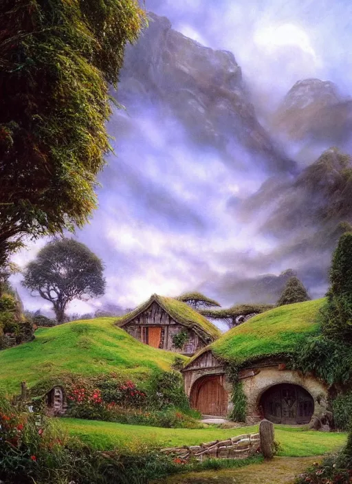 Image similar to beautiful serene hobbiton, by alan lee, lord of the rings, smooth, detailed terrain, oil painting, matte painting, concept art, trending on artstation, promotional artwork, film still, elegant, photorealistic facial features, intricate, detailed face, cinematic lighting