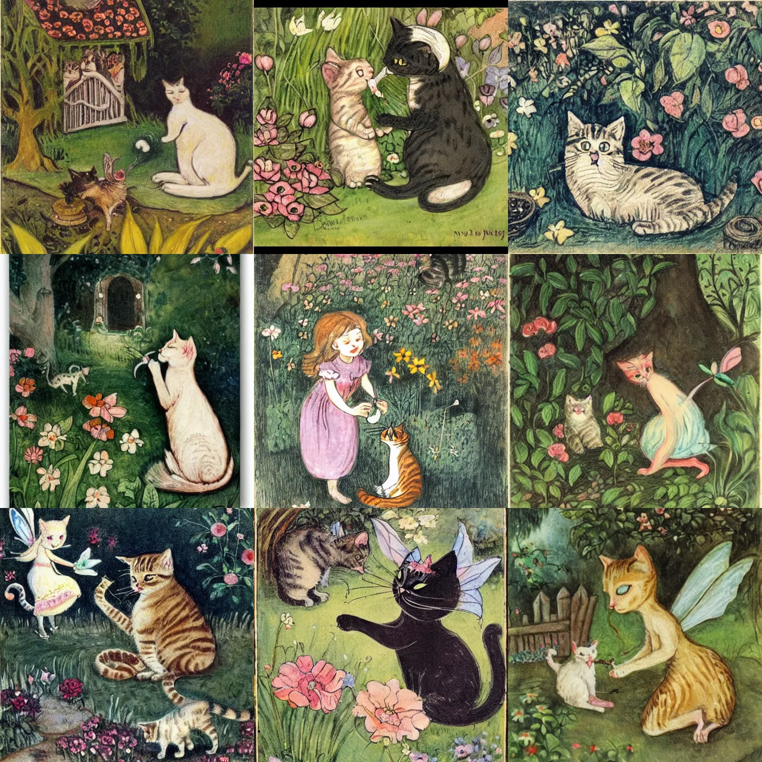 Prompt: cat eating a fairy in a garden by cicely mary barker