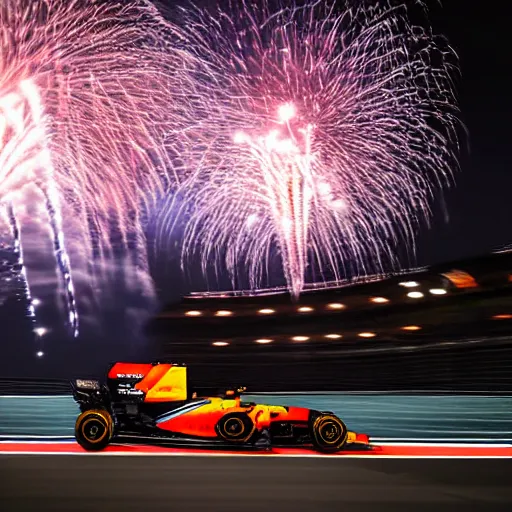 Prompt: portrait of max verstappen getting out of a mercedes f 1 car, dramatic shot, great photography, ambient light, night time, fireworks in the background