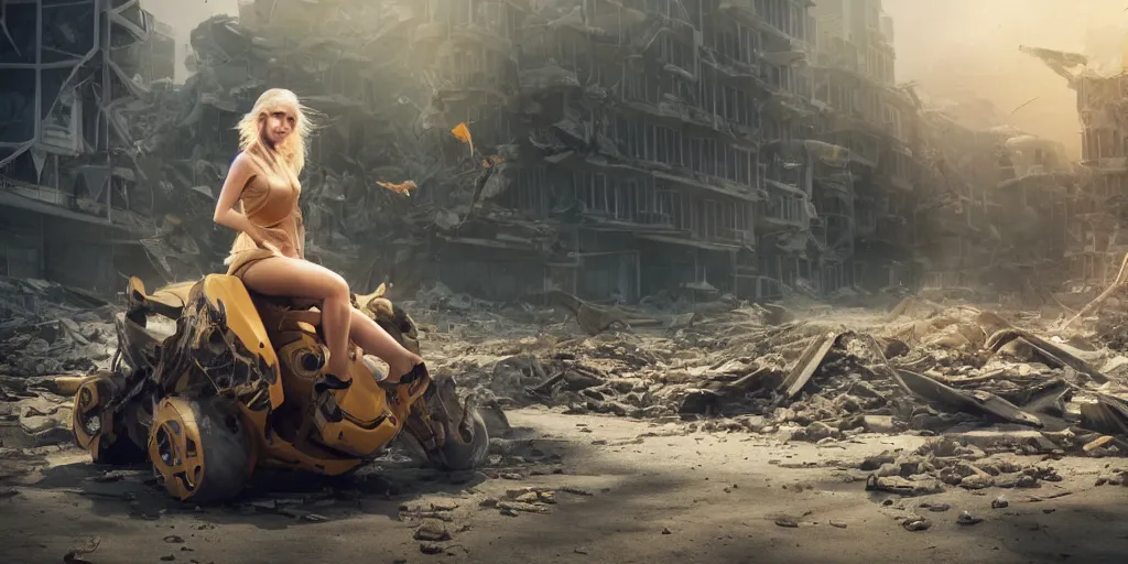 Prompt: a beautiful blond woman riding a giant robot ant in a destroyed city, 8 k, moody lighting, shallow depth of field,