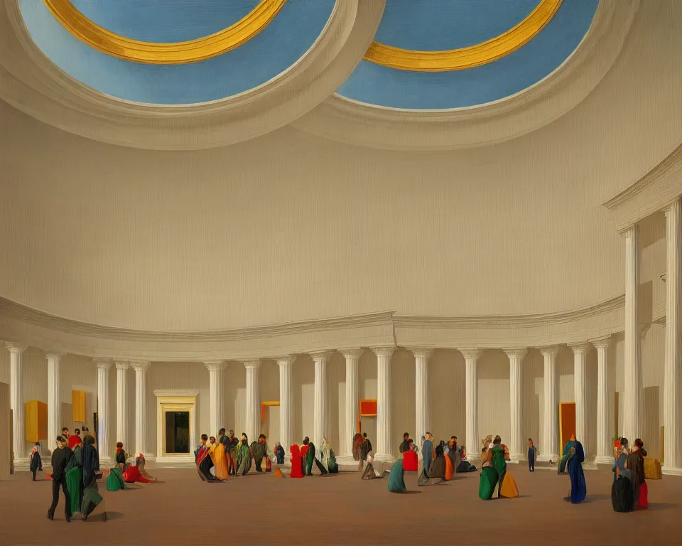 Prompt: an achingly beautiful print of the interior rotunda of a modern art museum with vibrant paintings lining the walls, potted plants, and classical antiquities by Raphael, Hopper, and Rene Magritte. detailed, romantic, enchanting, trending on artstation.