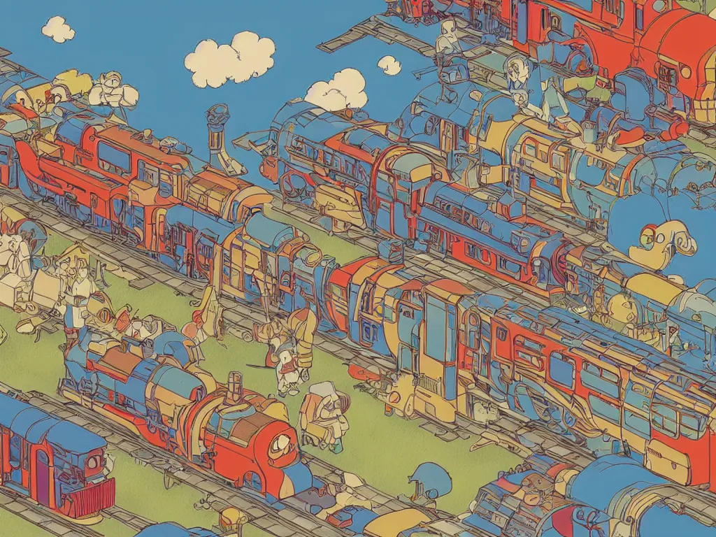 Image similar to colorful blueprint sideview of a anime train, illustration, concept art, autumn light, colorful, beautiful, studio ghibli, hayao miyazaki, takashi murakami, manga, cute and adorable