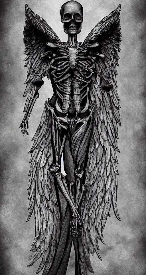 Image similar to a male skeleton with angel wings only, illustration style, symbolic, cinematic, dark and moody night scene, super detailed and intricate, elegant, hyper - realistic