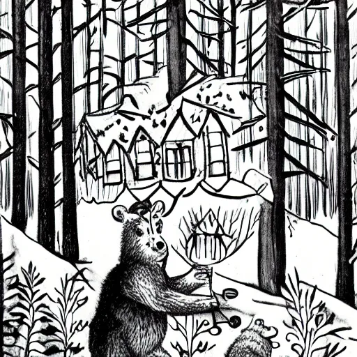 Image similar to magical forest, bear, trees, honey, 1 9 4 0 s cartoon, merry melodies, sharp focus