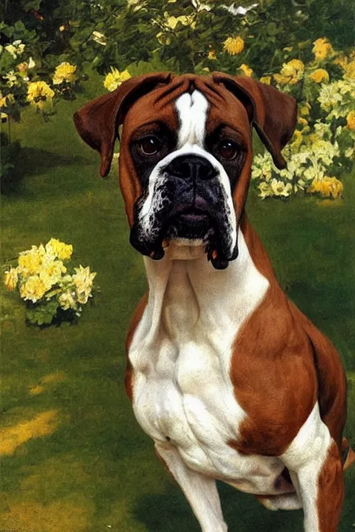 Prompt: painting of a boxer dog, golden hour, in a garden, artstation, by J. C. Leyendecker and Peter Paul Rubens,