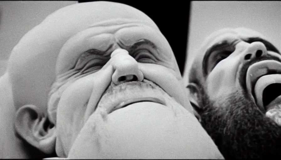 Prompt: 1 9 6 0 s movie still close - up of chrysippus of solis laughing to death on the floor mouth bleeding in a neoclassical marble room, cinestill 8 0 0 t 3 5 mm b & w, high quality, heavy grain, high detail, texture, dramatic light, anamorphic, hyperrealistic, detailed beard