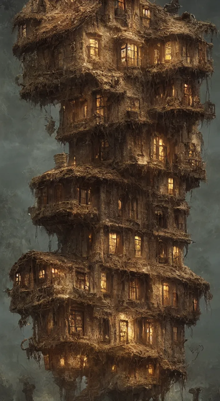 Prompt: house made out of hairy skin with eyeballs for windows, very detailed, in style of johan grenier, greg rutkowski, artstation, 8 k 3 d, unreal engine, highly detailed, very intricate, cinematic lighting