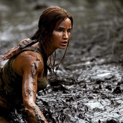 Prompt: film scene lara croft emerges from the river water, her face is covered with mud, part of the body is still in the river