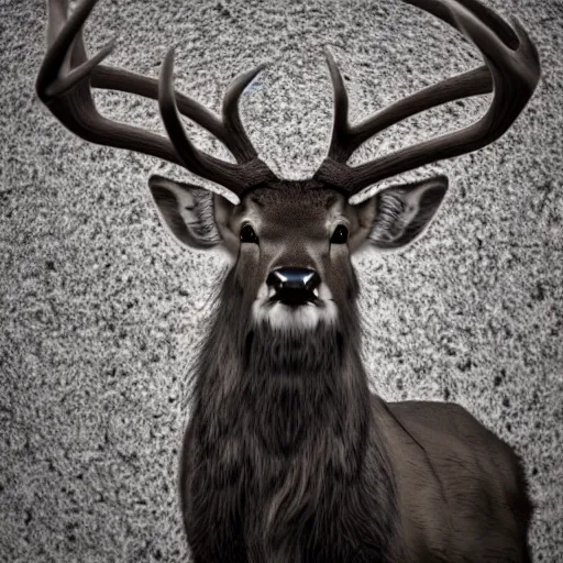 Prompt: photo of a stag with large antlers photography. national geographic. detailed face and fur, ultra hd, sharp. volumetric lighting, drawn by moebius and miyazaki hasselblad. nikon z 9. 1 0 0 mm. f / 2. 5