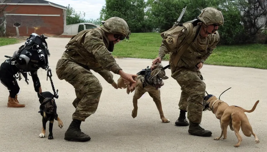 Image similar to a soldier sends a dog to attack a cyborg