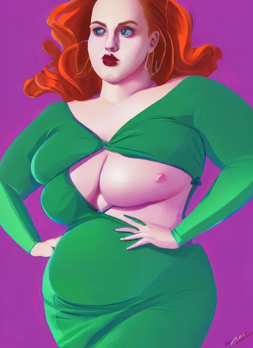 Image similar to full body portrait of teenage cheryl blossom, obese, bangs, green eyes, sultry, realistic, red hair, sultry smirk, wavy hair, pink skirt, fat, intricate, elegant, glowing lights, highly detailed, digital painting, artstation, concept art, smooth, sharp focus, illustration, art by wlop, mars ravelo and greg rutkowski