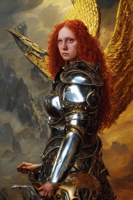 Image similar to a beautiful valkyrie , half body portrait, ginger hair, heavy gold armour, realistic oil painting by Thomas Cole and Wayne Barlowe and Boris Valejo