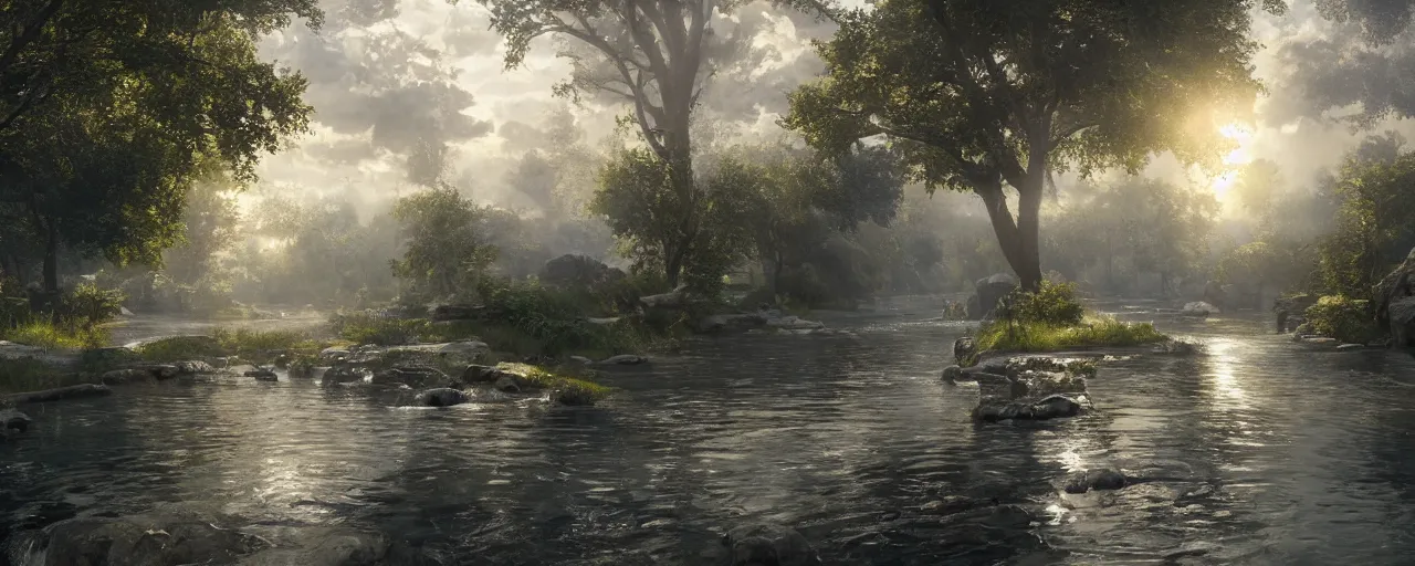 Image similar to of heaven with a river of the water of life, clear as crystal, flowing from the throne of god and of the lamb, in the middle of its street on either side of the river was the tree of life, by daniel f. gerhartz and matt stewart, fantasy, photorealistic, octane render, unreal engine, dynamic lighting