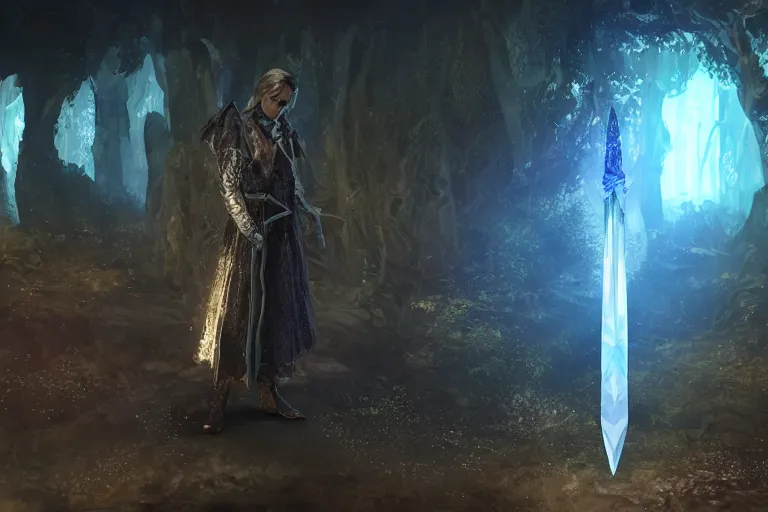 Image similar to A crystal dagger shimmers with an unnatural light, it had been enchanted by a skilled sorcerer, D&D fantasy setting, 4k