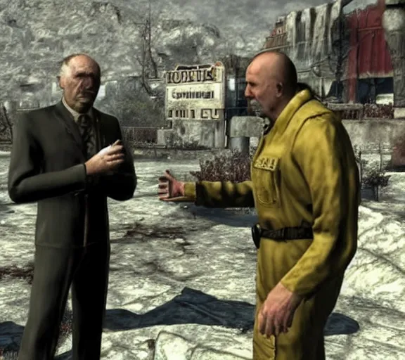 Prompt: Janusz Korwin-Mikke in the centre of a screenshot from the game Fallout: New Vegas (2010), talking to an Doc Mitchell from Fallout: New Vegas (2010)