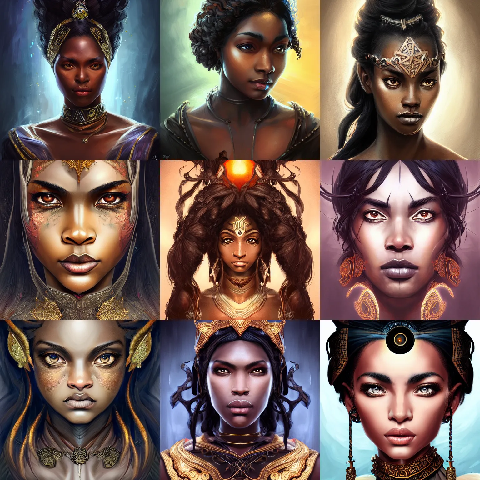 Prompt: head-on centered symmetrical painted portrait, woman D&D Sorcerer, black hair, brown skin, dramatic lighting, intricate, fantasy, intricate, elegant, highly detailed, digital painting, smooth, sharp focus, illustration, dramatic lighting, artstation, in the style of Artgerm and Anna Podedworna