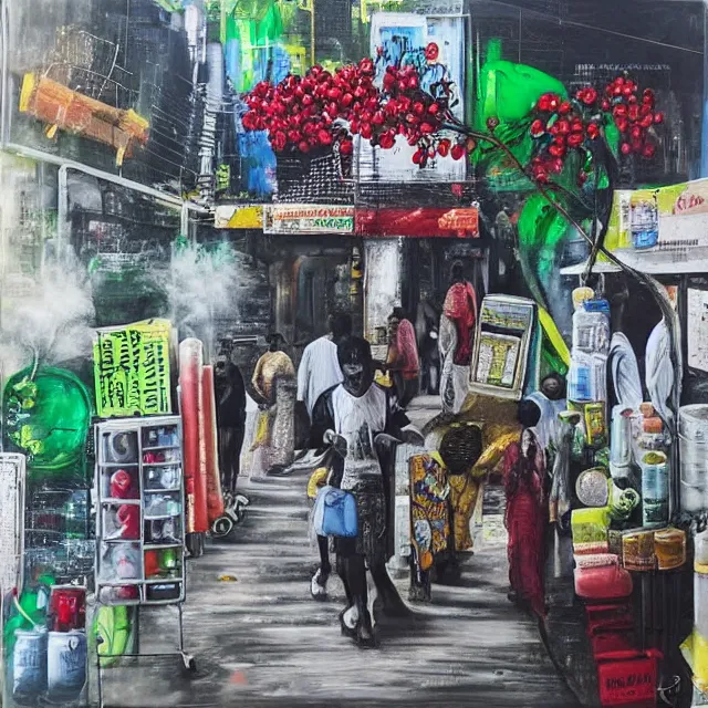 Image similar to “ a busy sidewalk in nairobi, pharmacy, street hawkers, medical supplies, pills and medicine, ikebana, herbs, a candle dripping white wax, squashed berries, berry juice drips, acrylic and spray paint and oilstick on canvas, surrealism, neoexpressionism ”