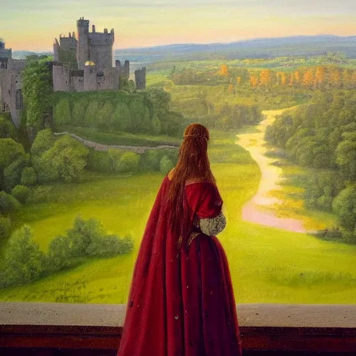 Image similar to very very very beautiful and detailed oil painting of a medieval princess staring sadly out of a castle window onto a sunlit landscape during dusk, 8k