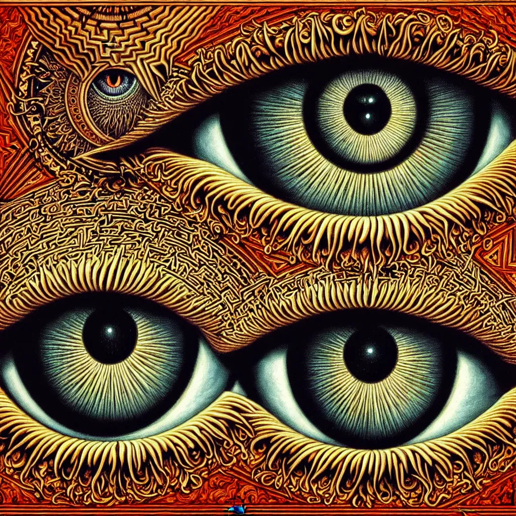 Prompt: Hypnotizing eye of the illuminati, ornate, higly detailed, sharp focus, 4k, symmetry, art by Johfra Bosschart, illuminati eye, illusion