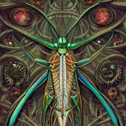 Prompt: a metallic praying mantis surrounded by geometric microbial ernst haeckel hr giger