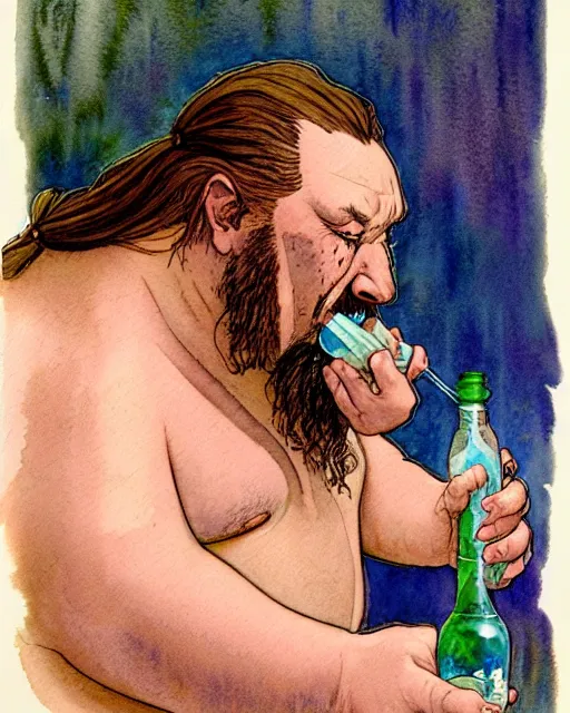 Prompt: a realistic and atmospheric watercolour fantasy character concept art portrait of a fat dirty qui - gon jinn drinking out of a bottle with pink eyes wearing a wife beater. by rebecca guay, michael kaluta, charles vess and jean moebius giraud