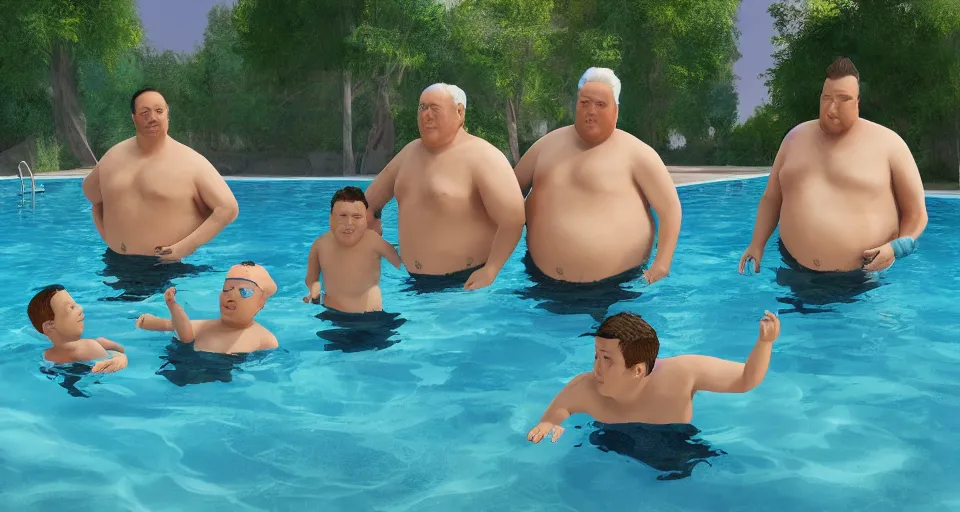 Prompt: digital art painting of exactly three adult brothers and their slightly overweight older father in a swimming pool , unreal 5, DAZ, hyperrealistic, octane render, volumetric clouds dynamic lighting