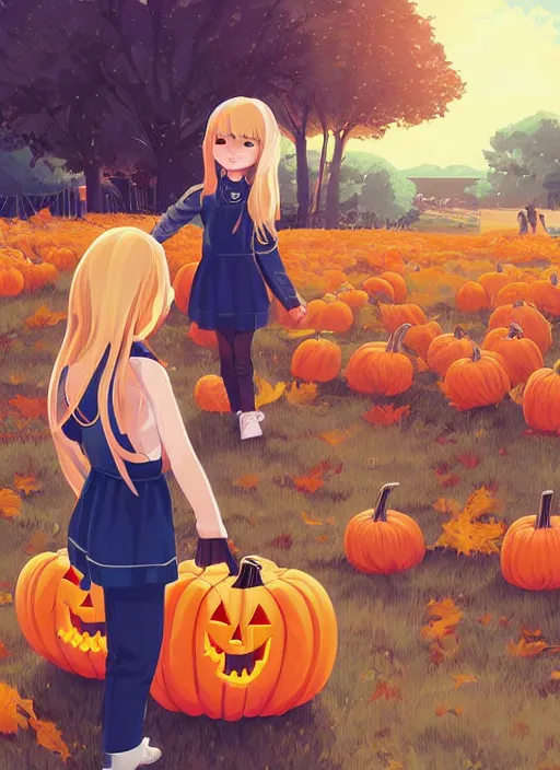 Image similar to little girl with long blonde hair visiting a pumpkin patch. clean cel shaded vector art. shutterstock. behance hd by lois van baarle, artgerm, helen huang, by makoto shinkai and ilya kuvshinov, rossdraws, illustration, art by ilya kuvshinov