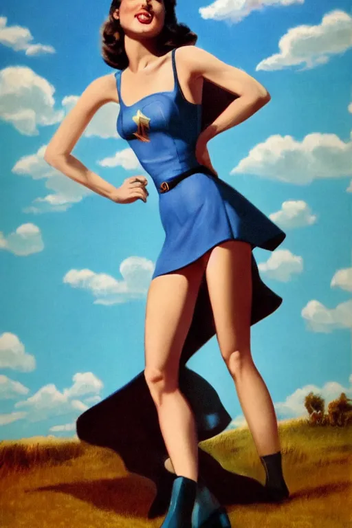 Image similar to full body portrait of gal gadot in the style of bill medcalf, blue sky with a few clouds, retro, 1 9 5 0, 4 k, detailed, 1 / 3 headroom, rule of thirds