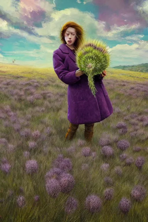 Prompt: portrait, enormous thistle flower head, girl wearing a coat in heather a field, surreal photography, wind and cold, dramatic sky, impressionist painting, digital painting, artstation, simon stalenhag