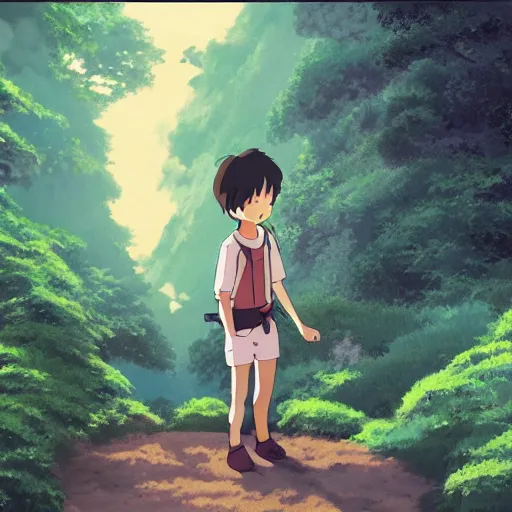 Prompt: friendly guy and small creature in the studio ghibli movie art smooth 8k highly detailed, detailed face, beautiful scene, forest, fantasy, details, anime,