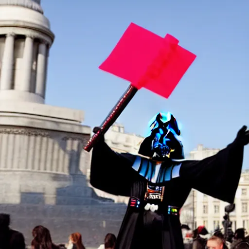 Prompt: darth vader fighting for removing tax on tampons, in trafalgar square