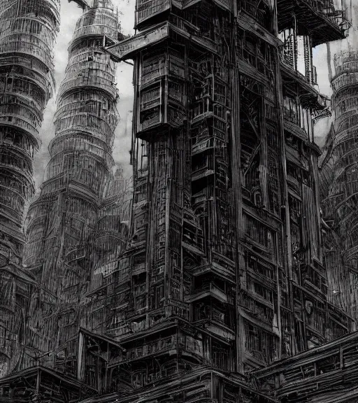 Image similar to tarkovsky, majestic ancient tower of babylon of terror, a woman in cyber clothing, hyperrealistic, blame manga, full color, manga style, by tsutomu nihei, cyber architecture, intricate, illustration, concept art, hyper - detailed, smooth, masterpiece, epic, cinematic, high quality