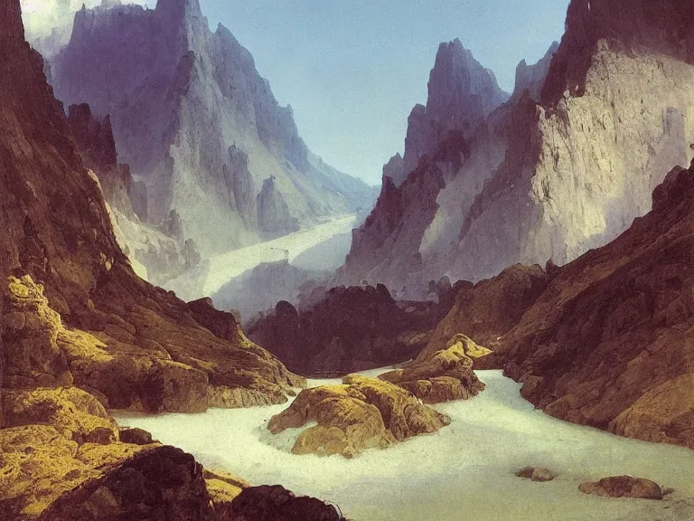 Image similar to an oil painting of an alpine river and a distaint mountain on a beautiful morning by beksinski carl spitzweg and tuomas korpi. baroque elements, full-length view. baroque element. intricate artwork by caravaggio. Trending on artstation. 8k