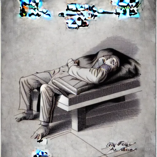 Image similar to sleeping man as a patent drawing. looking at camera. technical drawing. mathematical.