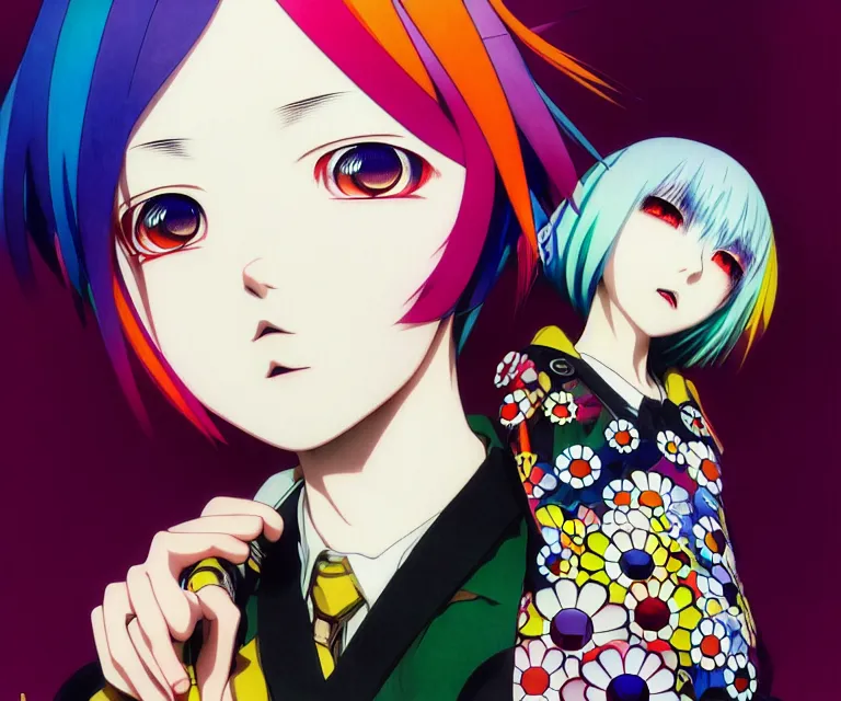 Image similar to takashi murakami, ilya kuvshinov illustration colorful anime portrait of reol sigma, murata range, fine detail, perfect anime face, dramatic lighting, dynamic composition, moody, vivid, fine stippled lighting, grain, art deco, cel shading, rich texture, yoshinari yoh, alphonse mucha, last exile