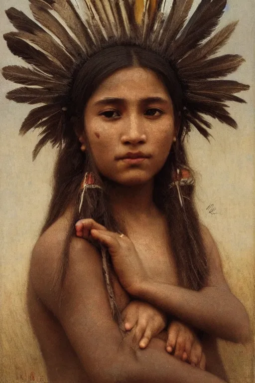 Prompt: a portrait of a beautiful tribal princess with bear headdress, overcast lighting, highly detailed, sharp focus, gritty texture, Bouguereau