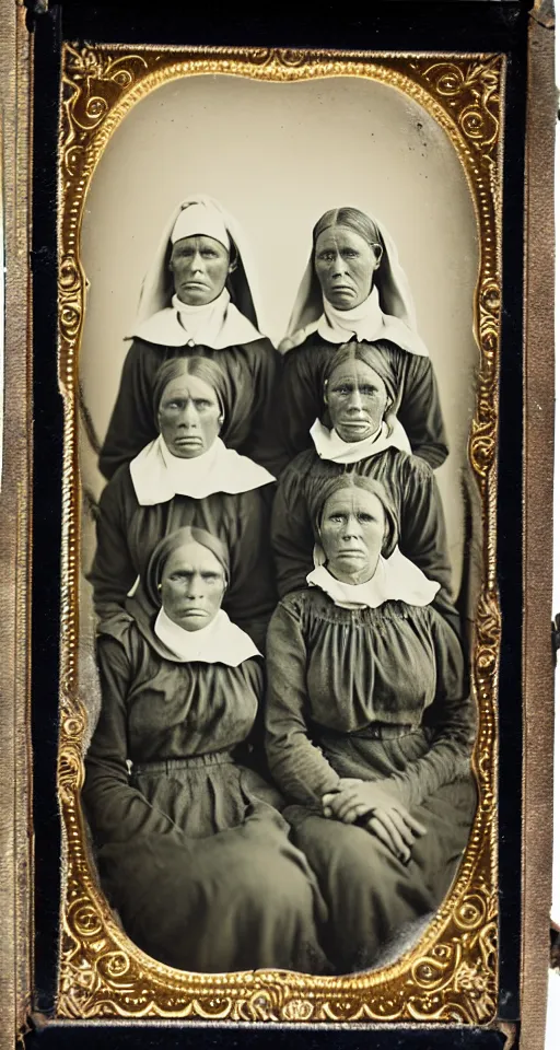 Prompt: wet plate photograph, mormon sister wives living on a dusty prairie ranch, 1850