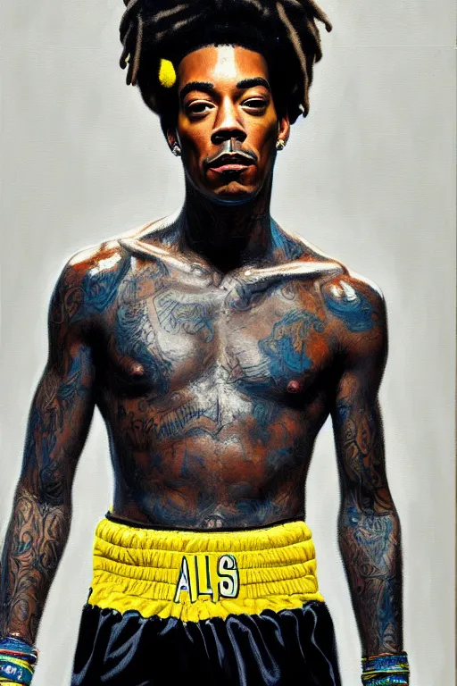 Prompt: full body portrait of wiz khalifa as muhammad ali, oil on canvas by william sidney mount, black, black, yellow, yellow, trending on artstation