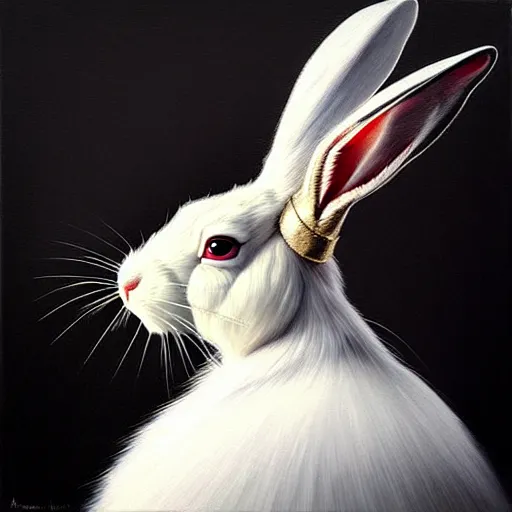 Prompt: “ an oil painting portrait of an evil white hare wearing medieval royal robe and an ornate crown on a dark background ” digital art, concept art, highly detailed, 3 - d 4 k, trending on art station, award winning, mark brooks,